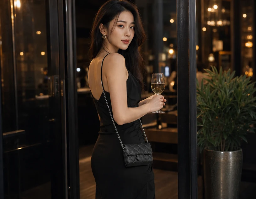 女性背著鏈條小包的穿搭