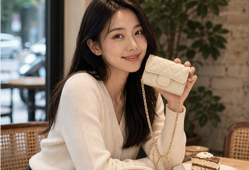 女性日常穿搭展示鏈條小方包