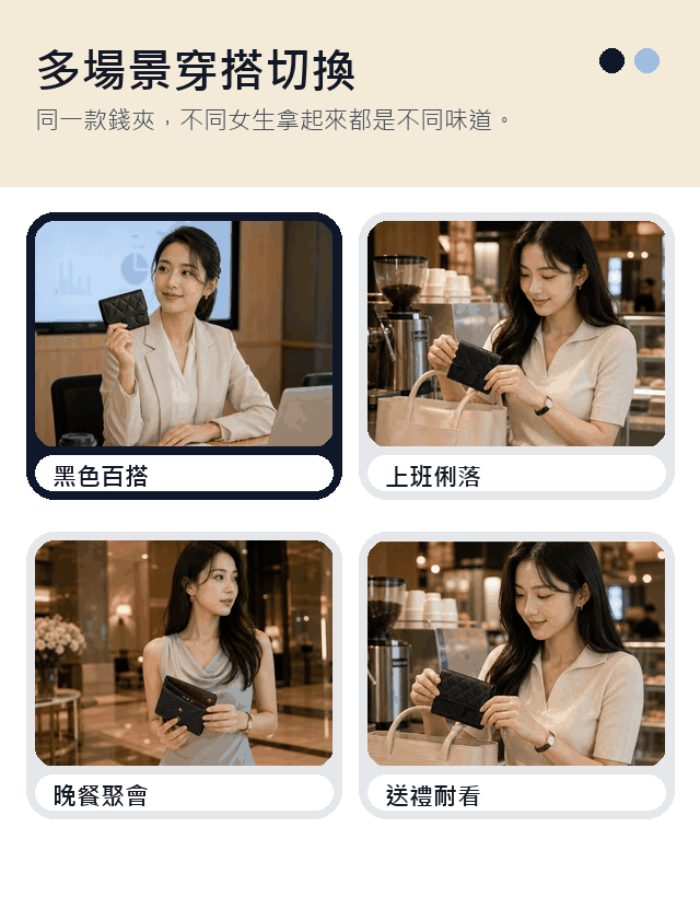 經典黑菱格短夾多套穿搭動態切換動圖